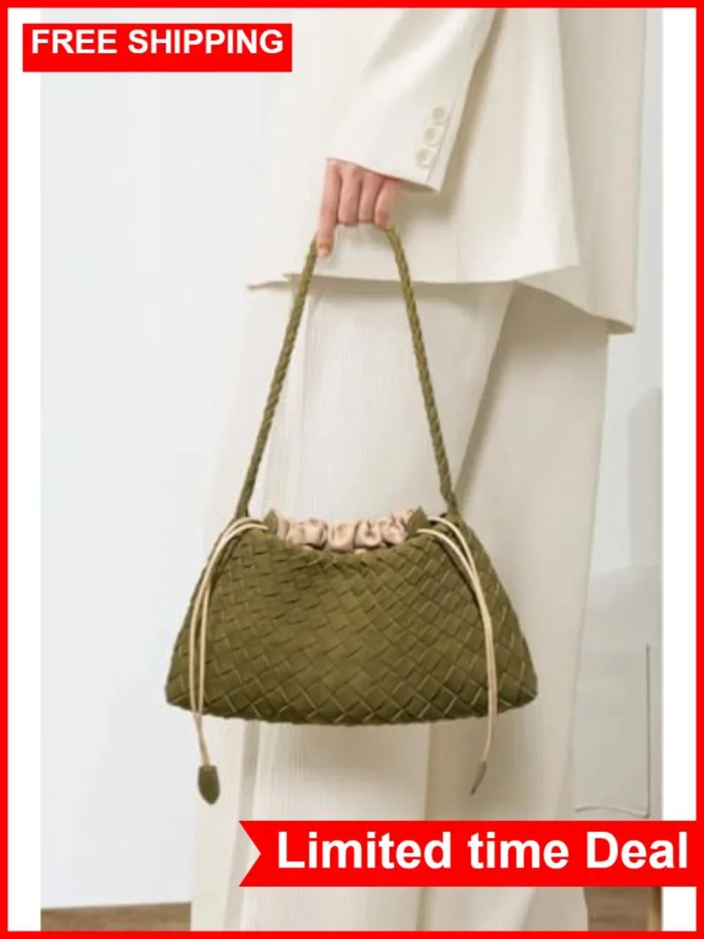 Woven Hobo Bag Women Suede Bucket Purse Shoulder Tote Handbag Faux Leather